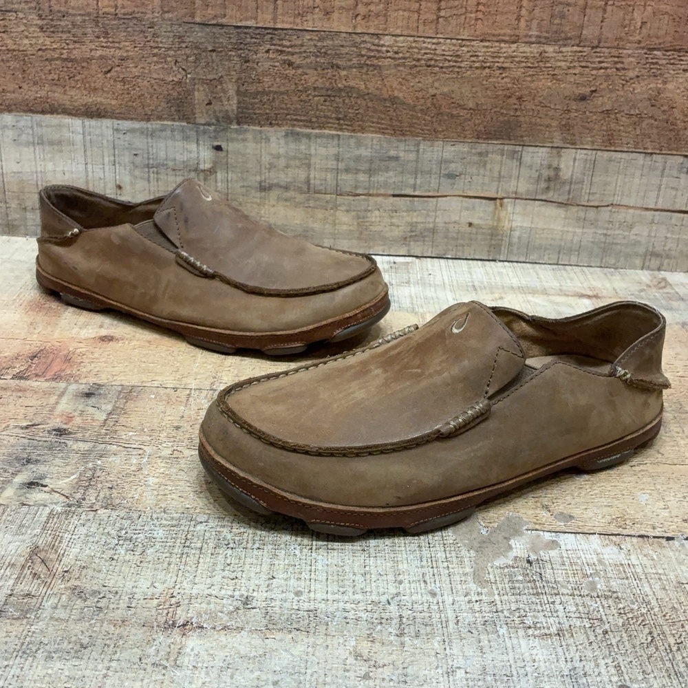OluKai Moloa Shoes Mens Size 10.5 43.5 Brown Leather Slip On Loafer Comfort